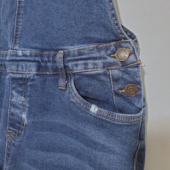 Bluenotes | Cut Off Denim Raw Hem Distressed Overall Shorts - Picture 6 of 8